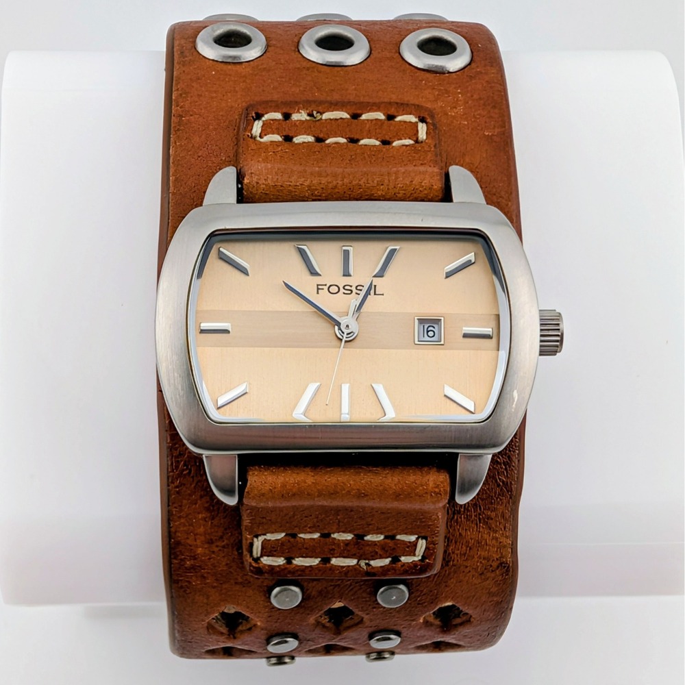 Fossil JR-8441 Y2K Tonneau Studded Leather Cuff Watch Peach Brown Linen Dial